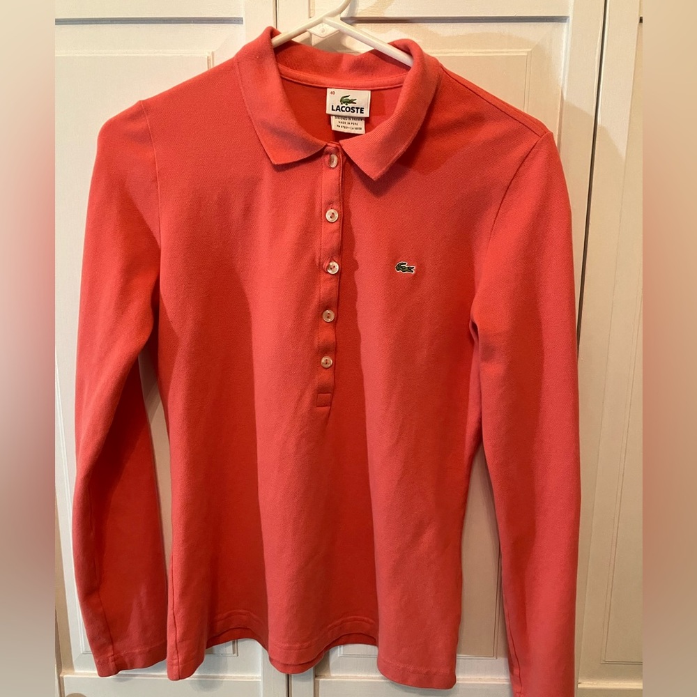 Lacoste coral long-sleeve polo, size 40
